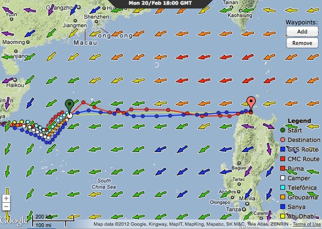 Groupama will have a near direct course to the waypoint at the Philippines according to the positions at 1800 GMT on 20 February 2012 &copy; PredictWind.com www.predictwind.com